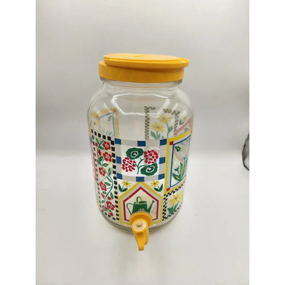 Vintage Floral Glass Sun Tea Jug Water Dispenser Spigot Yellow Lid